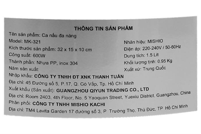 Ca nấu đa năng Mishio MK-321 1.5 lít - Xám Màu Xám