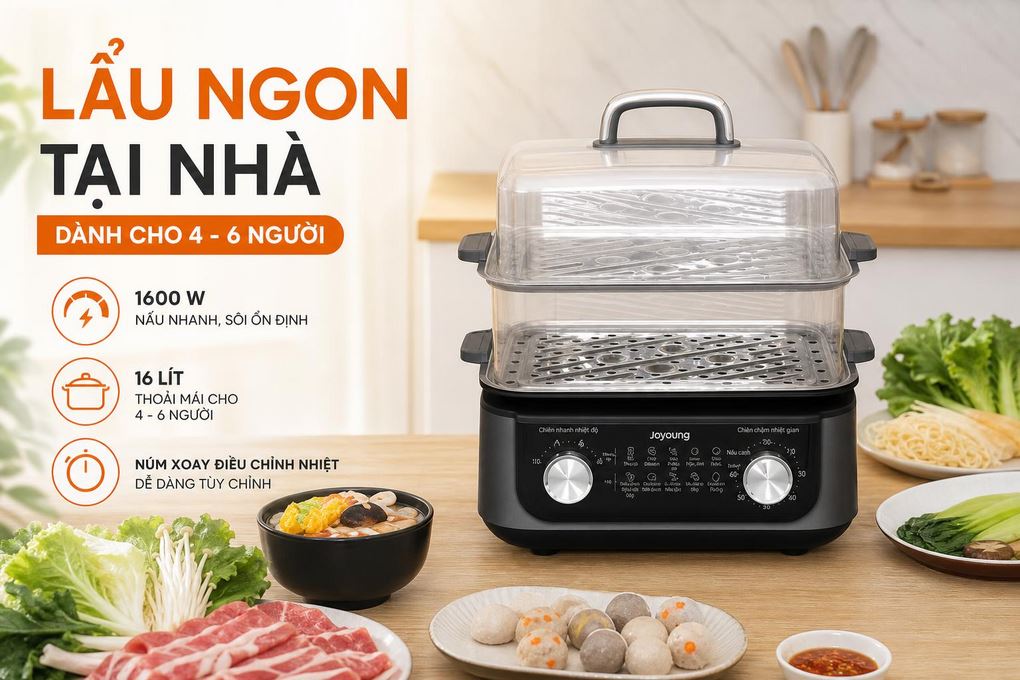 Nồi lẩu hấp đa năng Joyoung JFS-556 16 lít Màu Đen