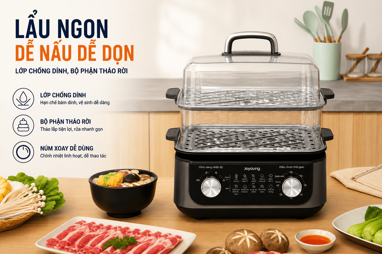 Nồi lẩu hấp đa năng Joyoung JFS-556 16 lít Màu Đen