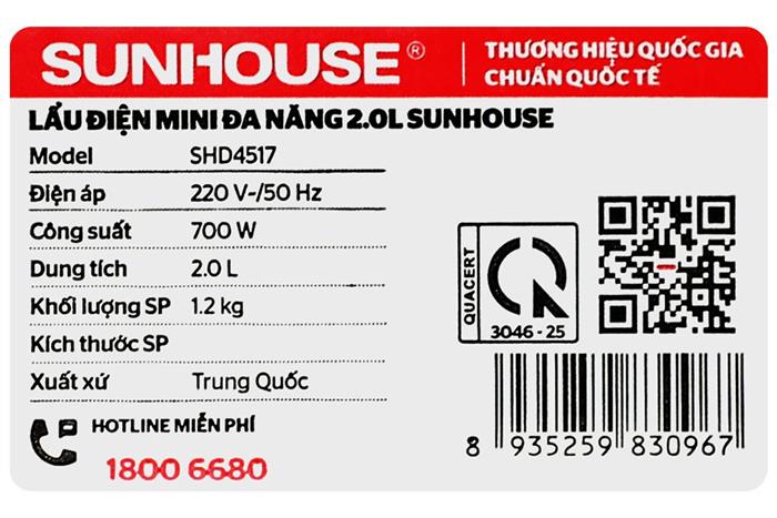 Nồi lẩu điện Sunhouse SHD4517 2 lít Màu Kem