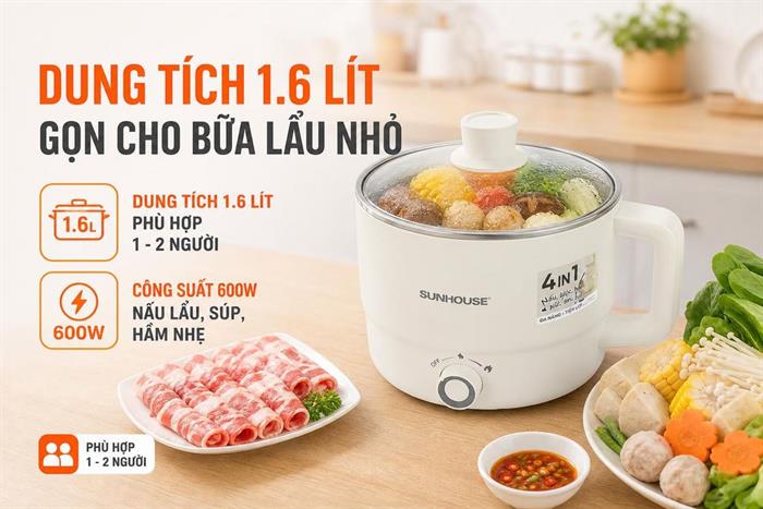 Nồi lẩu điện Sunhouse SHD4516 1.6 lít Màu Kem