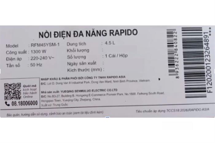 Nồi lẩu hấp đa năng Rapido RFM45YSM-1 4.5 lít Màu Kem