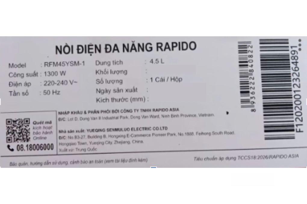 Nồi lẩu hấp đa năng Rapido RFM45YSM-1 4.5 lít Màu Kem