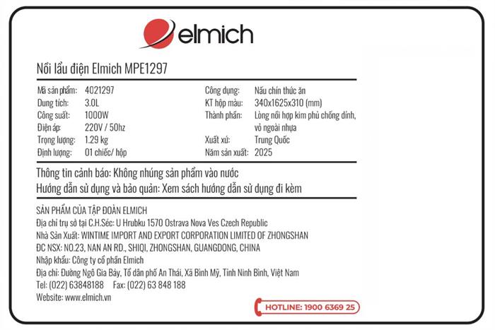 Nồi lẩu điện Elmich MPE1297 3 lít Màu Màu be