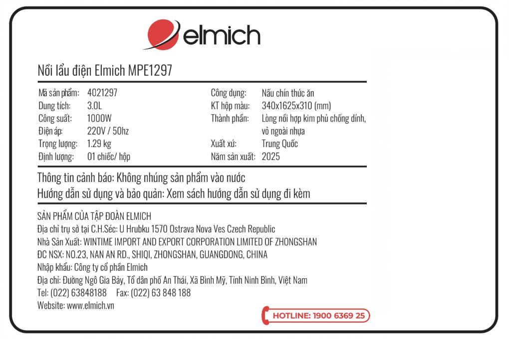 Nồi lẩu điện Elmich MPE1297 3 lít Màu Màu be