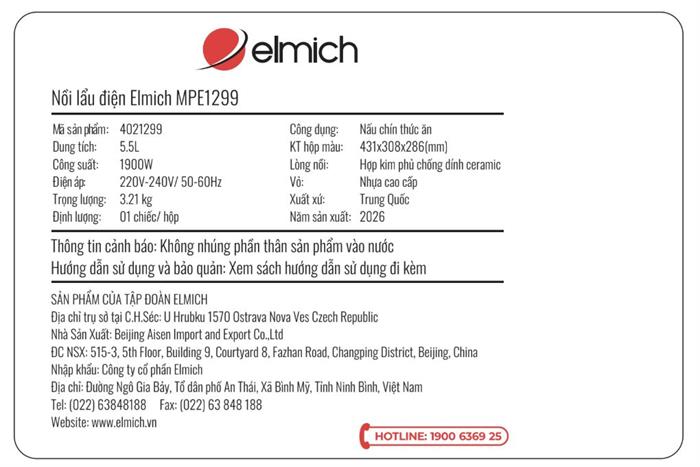 Nồi lẩu điện 2 ngăn Elmich MPE1299 5.5 lít Màu Nâu