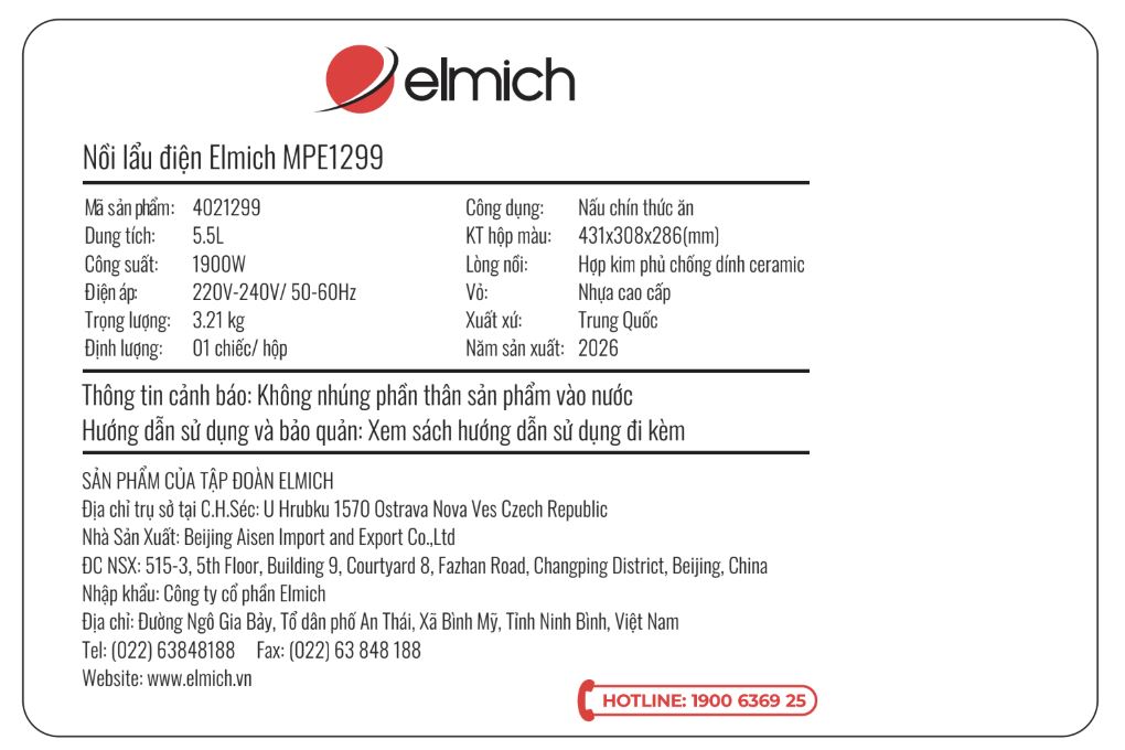 Nồi lẩu điện 2 ngăn Elmich MPE1299 5.5 lít Màu Nâu