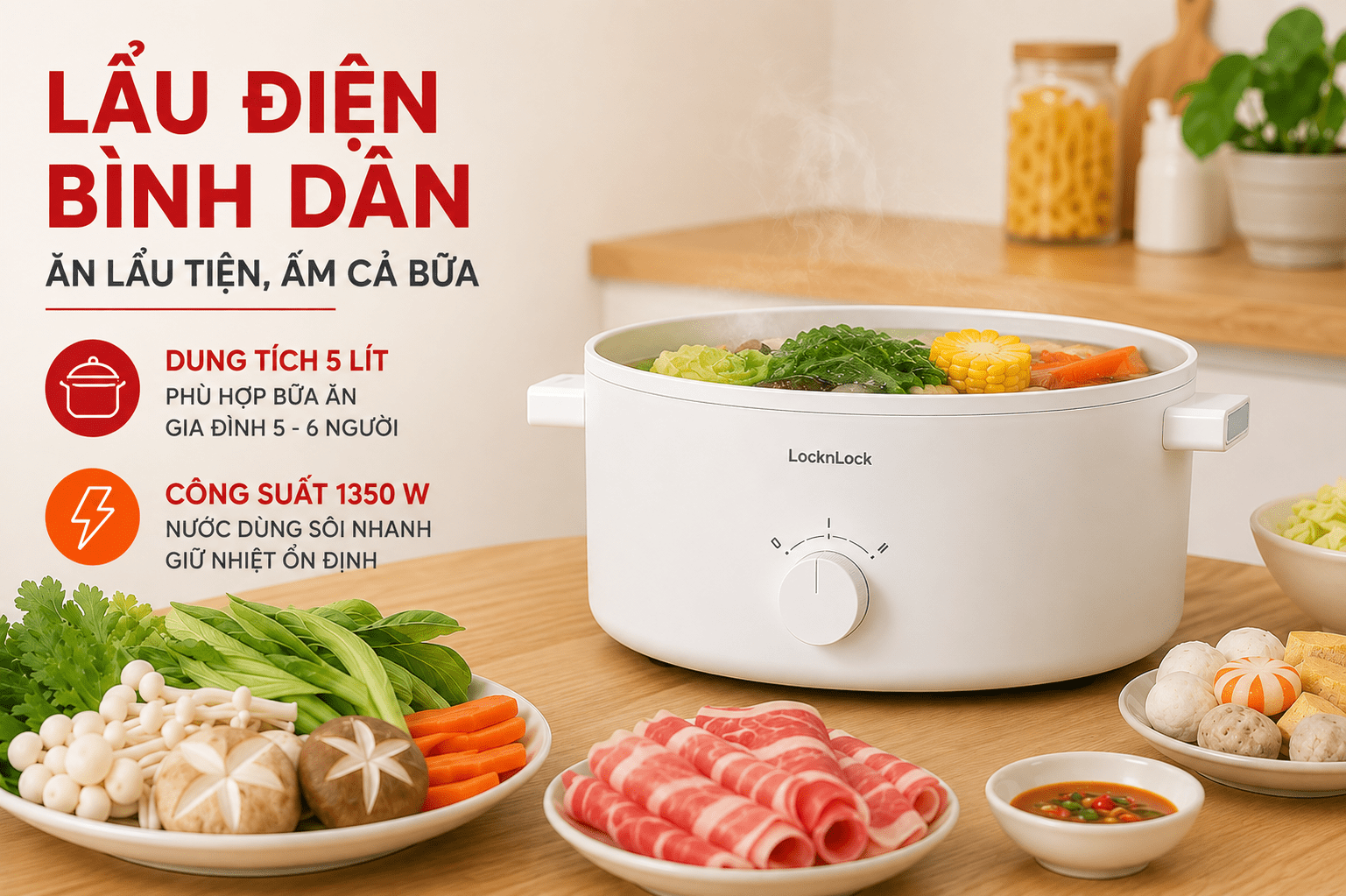 Nồi lẩu điện Lock&Lock EJP134IVY 5 lít Màu Kem