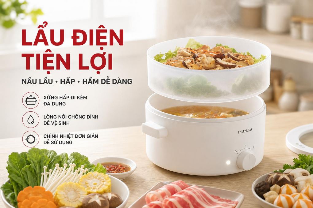 Nồi lẩu điện Lock&Lock EJP134IVY 5 lít Màu Kem