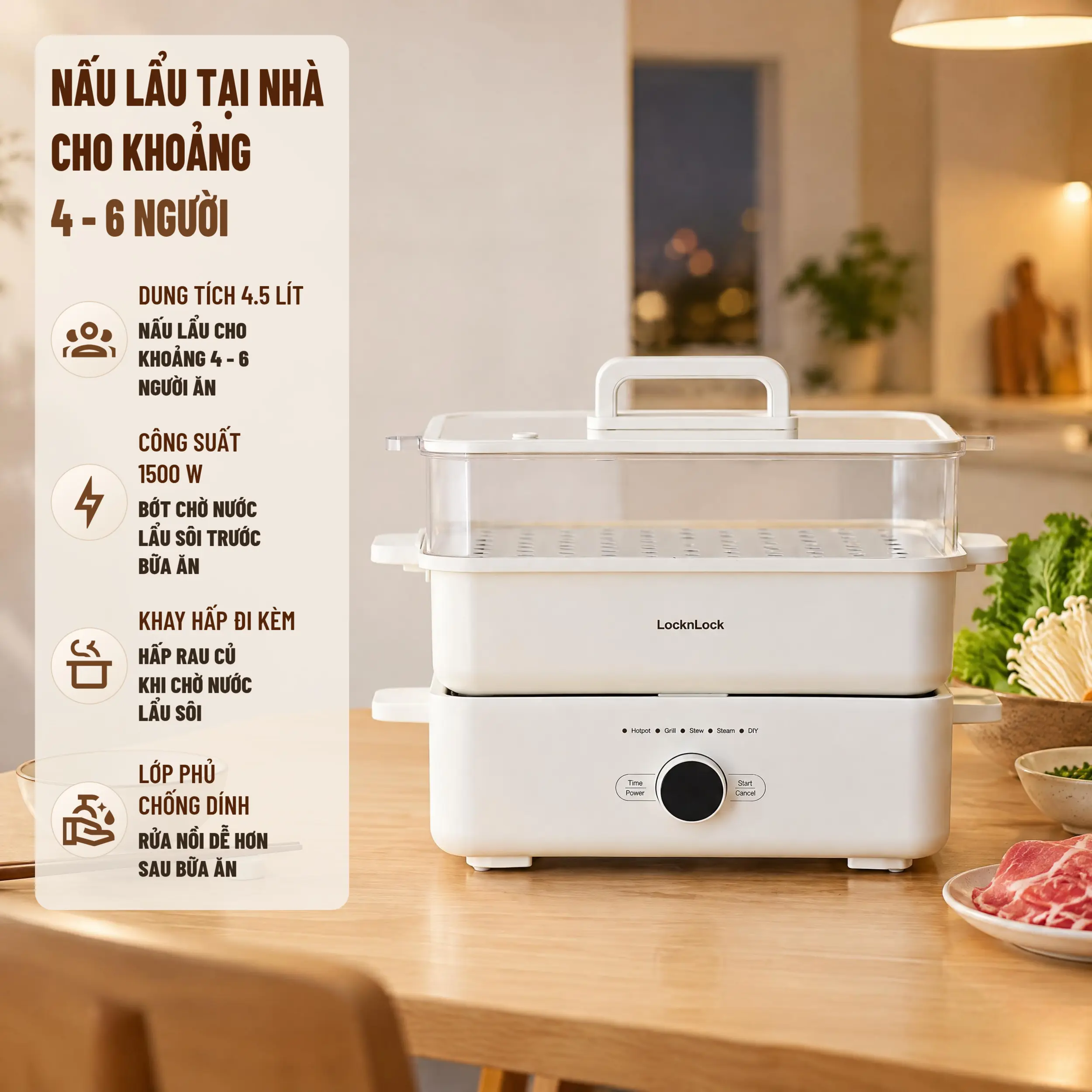 Nồi lẩu đa năng LocknLock Multicooker EJP154IVY 4.5 lít Màu Kem