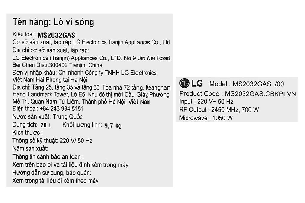 Lò vi sóng LG MS2032GAS 20 lít Màu Đen
