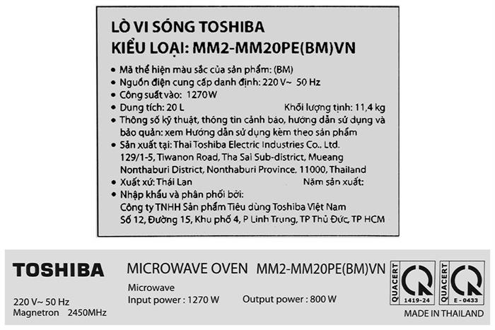 Lò vi sóng Toshiba MM2-MM20PE(BM)VN 20 lít Màu Đen