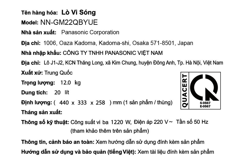Lò vi sóng có nướng Panasonic NN-GM22QBYUE 20 lít Màu Đen