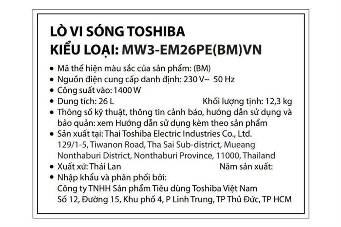 Lò vi sóng Toshiba MW3-EM26PE(BM)VN 26 lít Màu Đen
