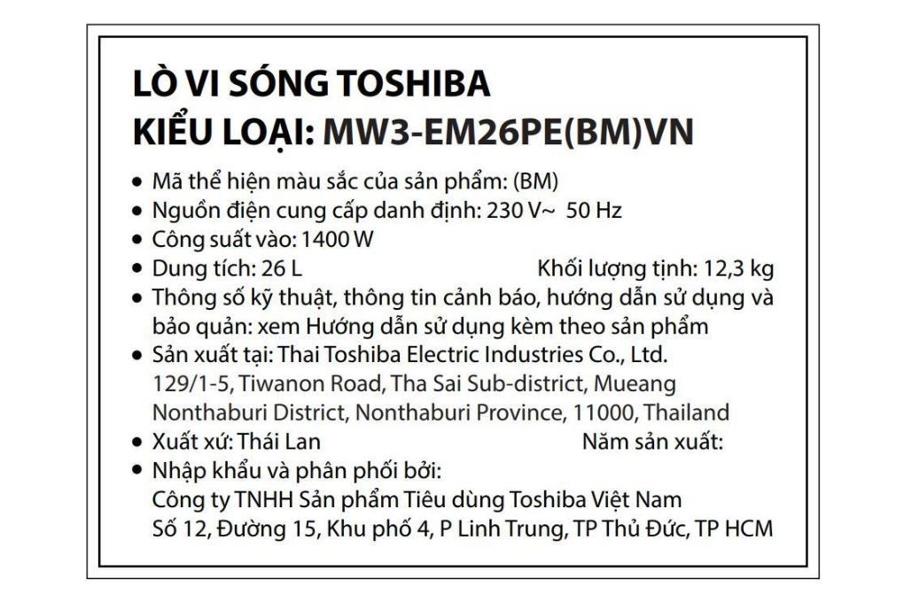 Lò vi sóng Toshiba MW3-EM26PE(BM)VN 26 lít Màu Đen