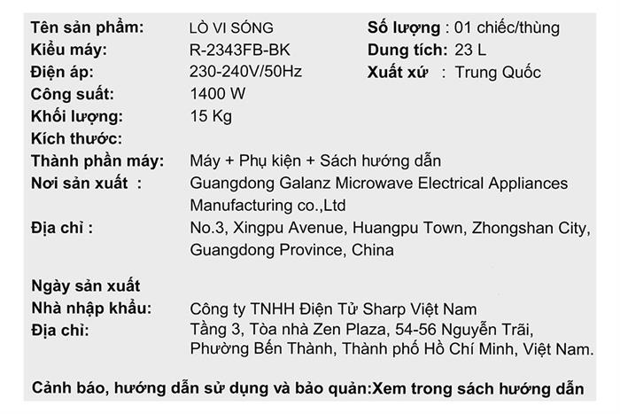 Lò vi sóng Sharp R-2343FB-BK 23 lít Màu Đen