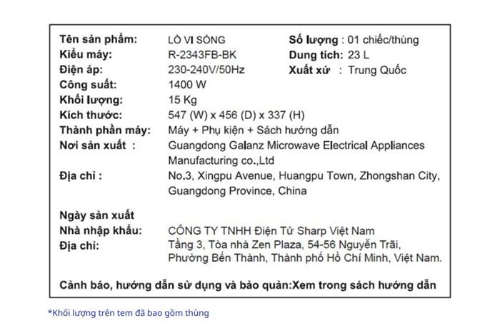 Lò vi sóng Sharp R-2343FB-BK 23 lít Màu Đen