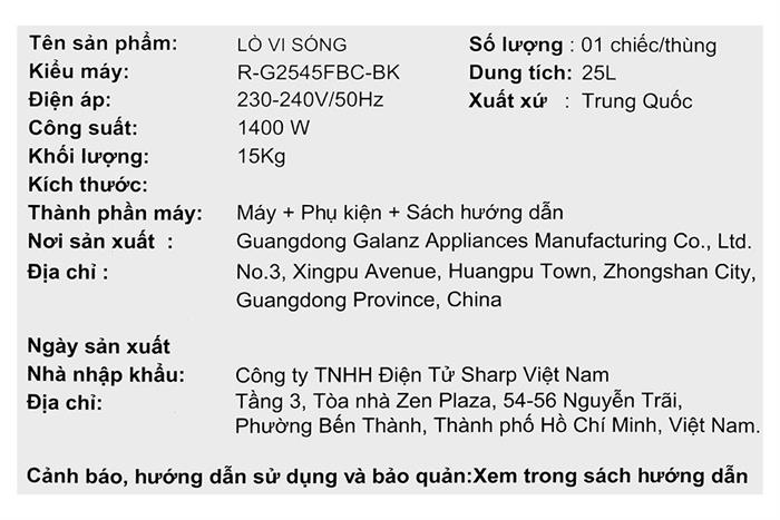 Lò vi sóng có nướng Sharp R-G2545FBC-BK 25 lít Màu Đen