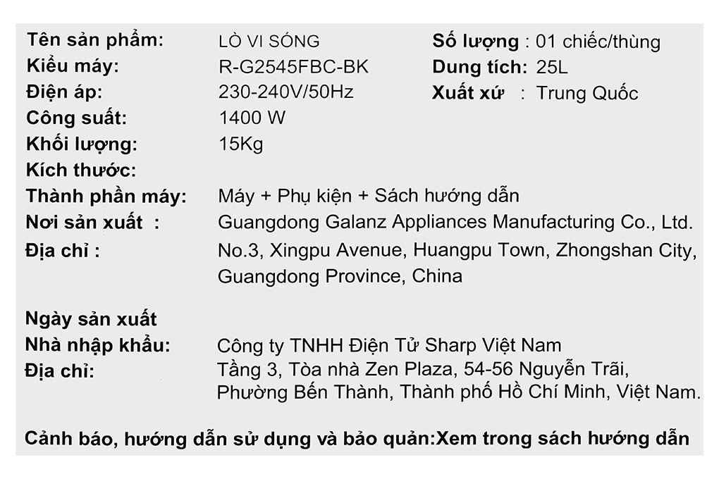 Lò vi sóng có nướng Sharp R-G2545FBC-BK 25 lít Màu Đen