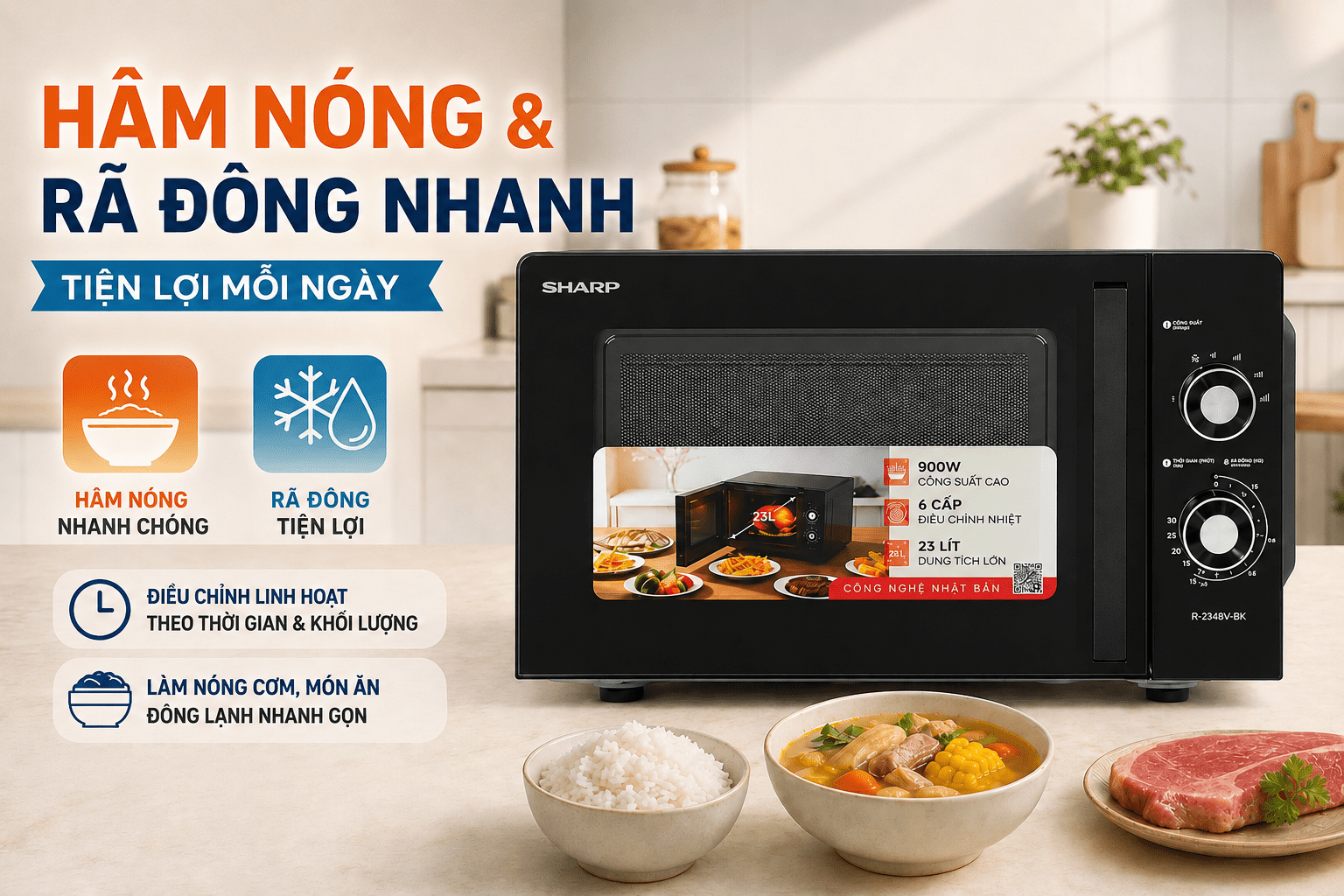 Lò vi sóng Sharp R-2348V-BK 23 lít - Hâm nóng và rã đông nhanh chóng, không tích hợp chức năng nướng Lò vi sóng Sharp R-2348V-BK 23 lít - Hâm nóng và rã đông nhanh chóng, không tích hợp chức năng nướng