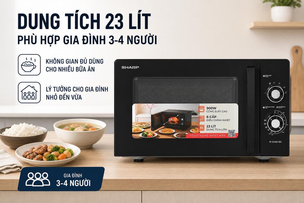 Lò vi sóng Sharp R-2348V-BK 23 lít - Dung tích 23 lít phù hợp nhu cầu gia đình nhỏ Lò vi sóng Sharp R-2348V-BK 23 lít - Dung tích 23 lít phù hợp nhu cầu gia đình nhỏ