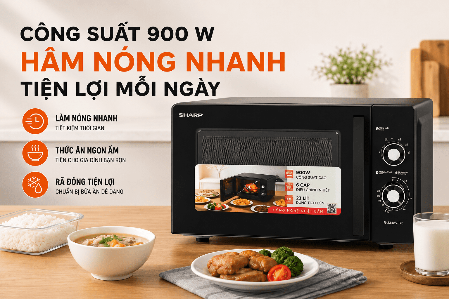 Lò vi sóng Sharp R-2348V-BK 23 lít - Công suất vi sóng 900 W giúp làm nóng nhanh Lò vi sóng Sharp R-2348V-BK 23 lít - Công suất vi sóng 900 W giúp làm nóng nhanh