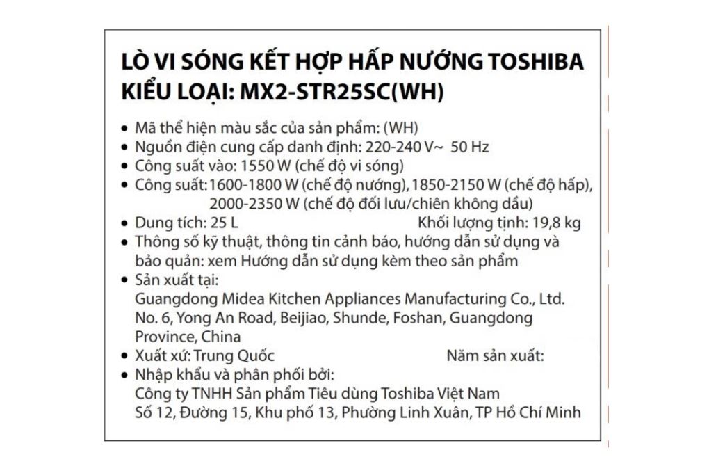 Lò vi sóng có hấp nướng Toshiba MX2-STR25SC(WH) 25 lít Màu Trắng