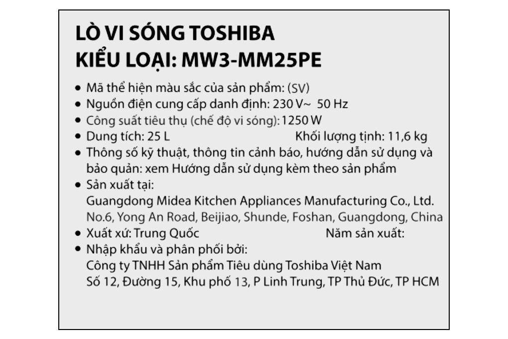 Lò vi sóng Toshiba MW3-MM25PE(SV) 25 lít Màu Bạc