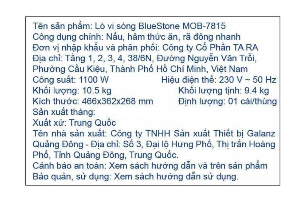 Lò vi sóng BlueStone MOB-7815 20 lít Màu Đen