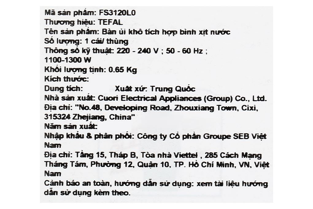 Bàn ủi khô Tefal FS3120L0 1300W Màu Đen