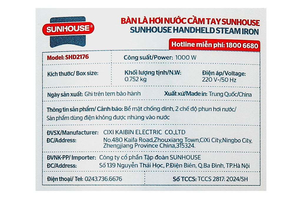 Bàn ủi hơi nước cầm tay Sunhouse SHD2176 1000W Màu Trắng