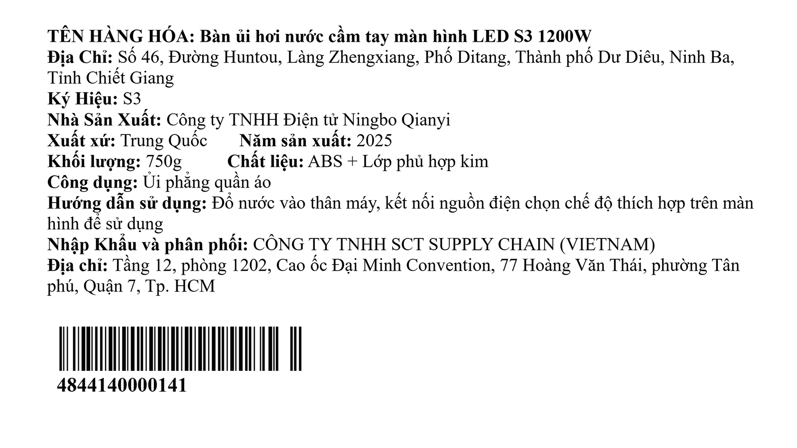 Bàn là hơi nước cầm tay Qianyi S3 1200W Màu Trắng