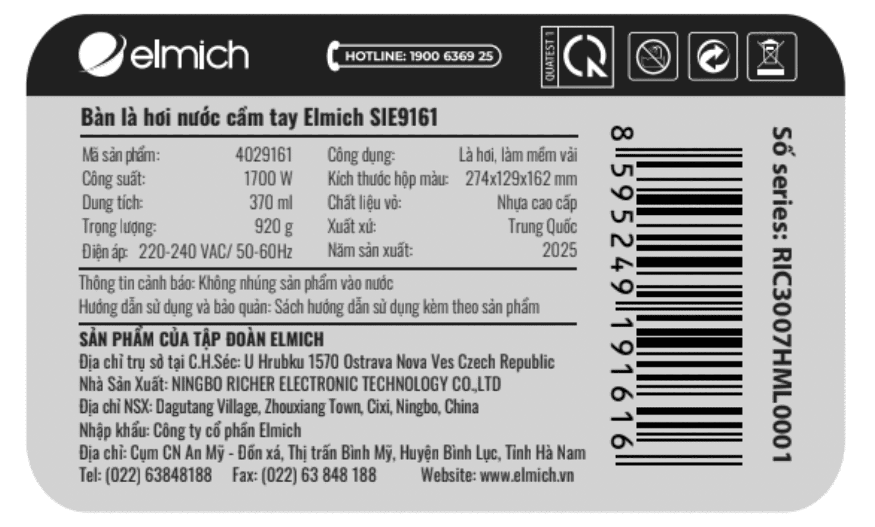 Bàn ủi hơi nước cầm tay Elmich SIE9161 1700W Màu Đen