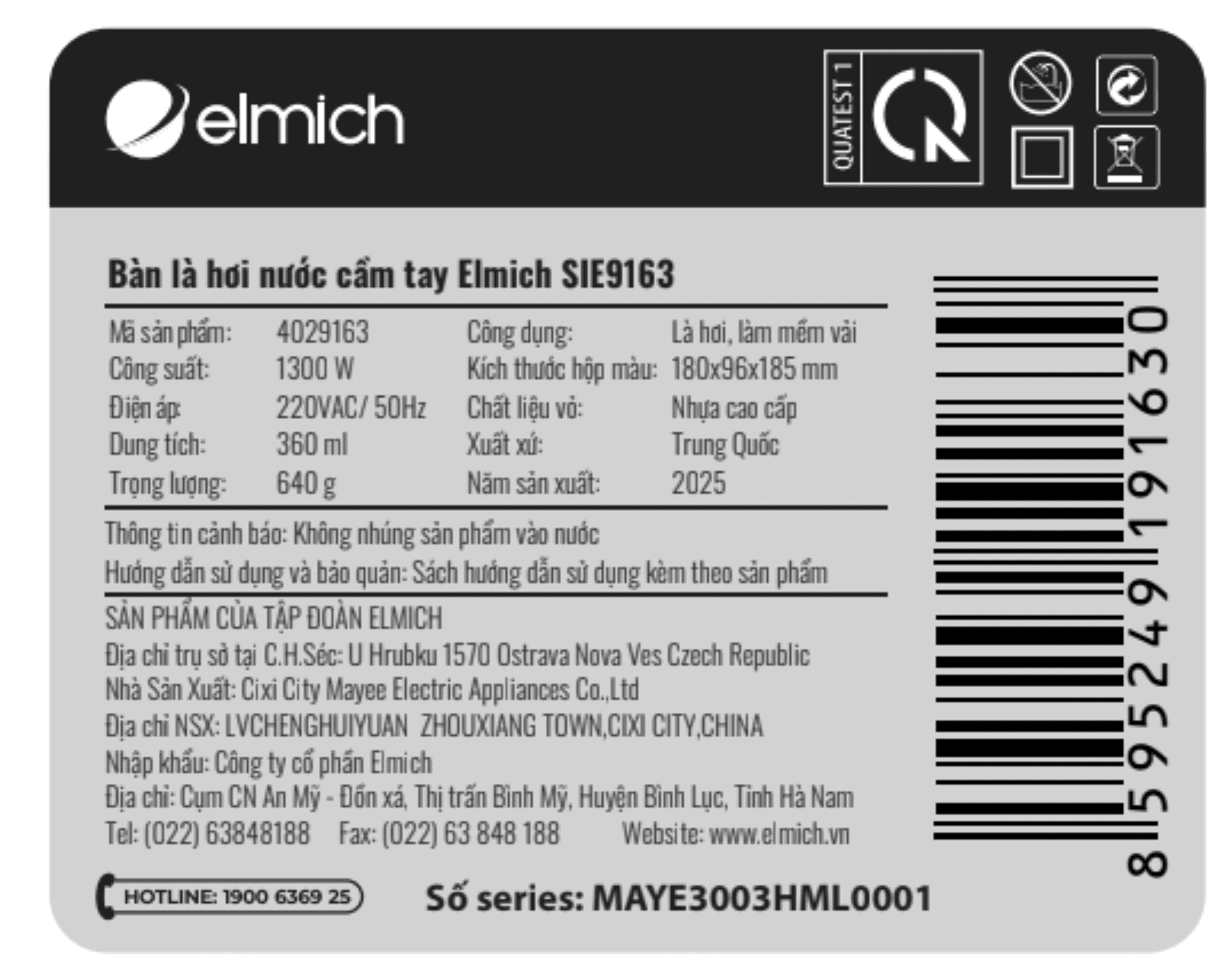 Bàn ủi hơi nước cầm tay Elmich SIE9163 1300W Màu Xanh nhạt