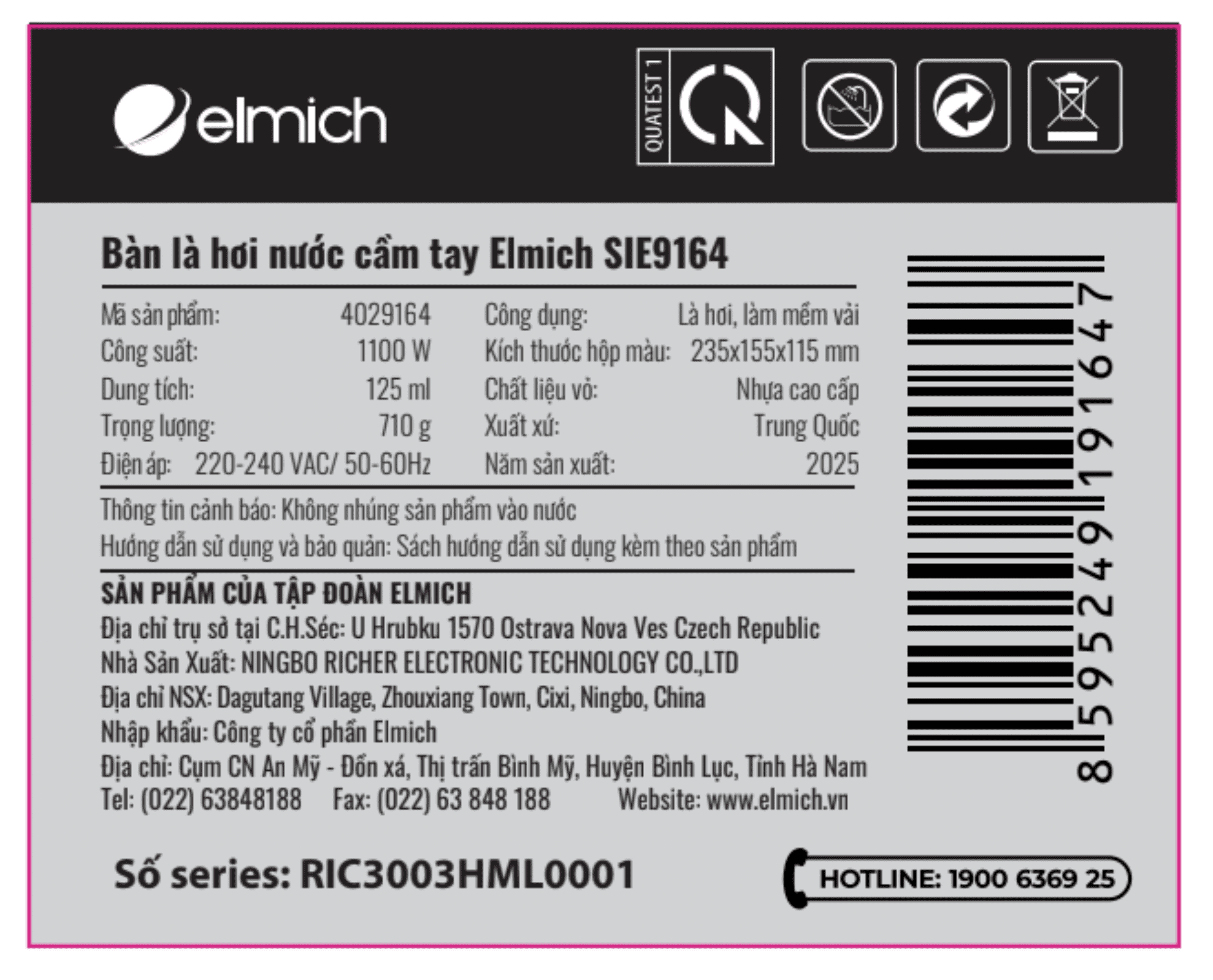 Bàn ủi hơi nước cầm tay Elmich SIE9164 1100W Màu Xanh nhạt