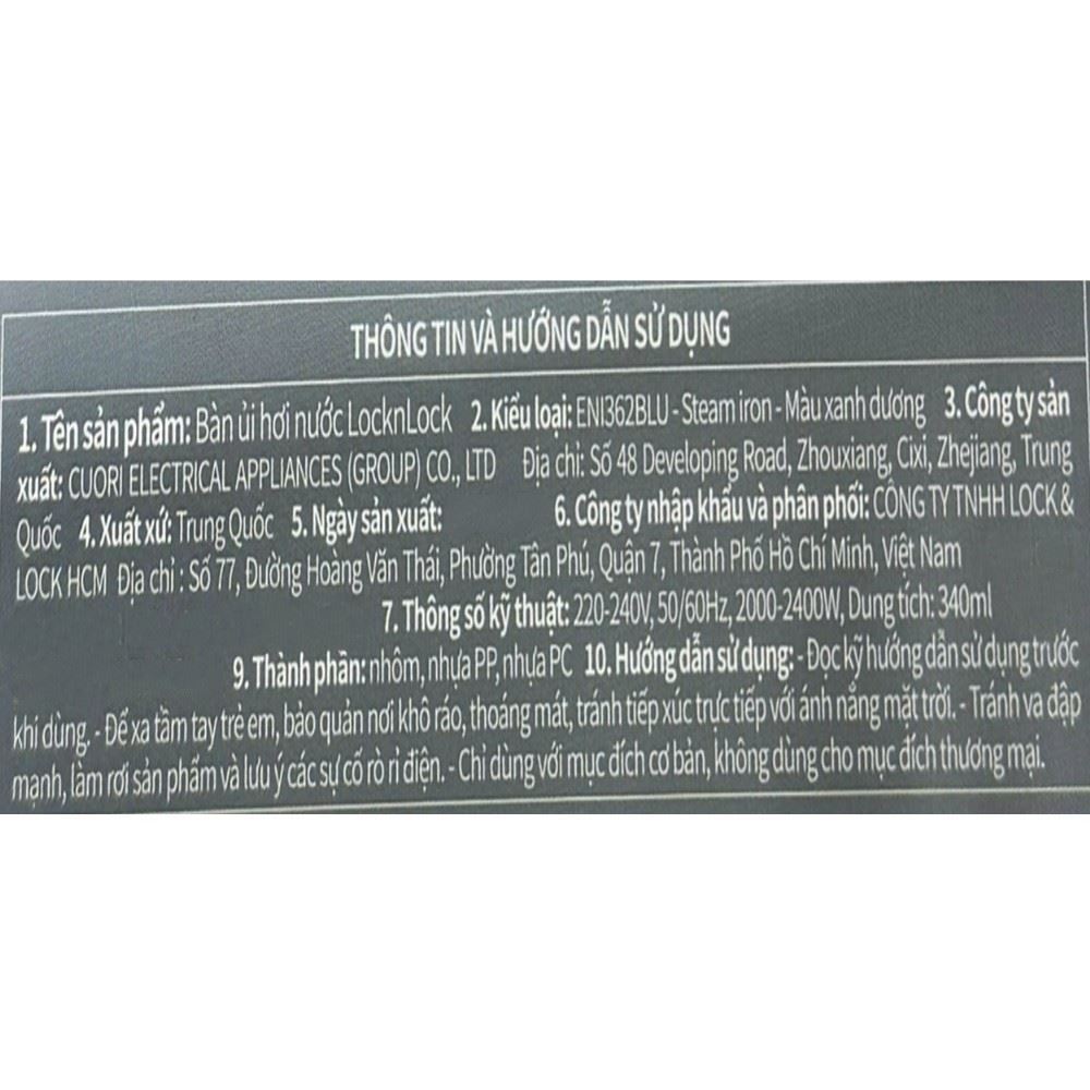 Bàn ủi hơi nước Lock&Lock ENI362BLU 2000-2400W Màu Xanh Navy