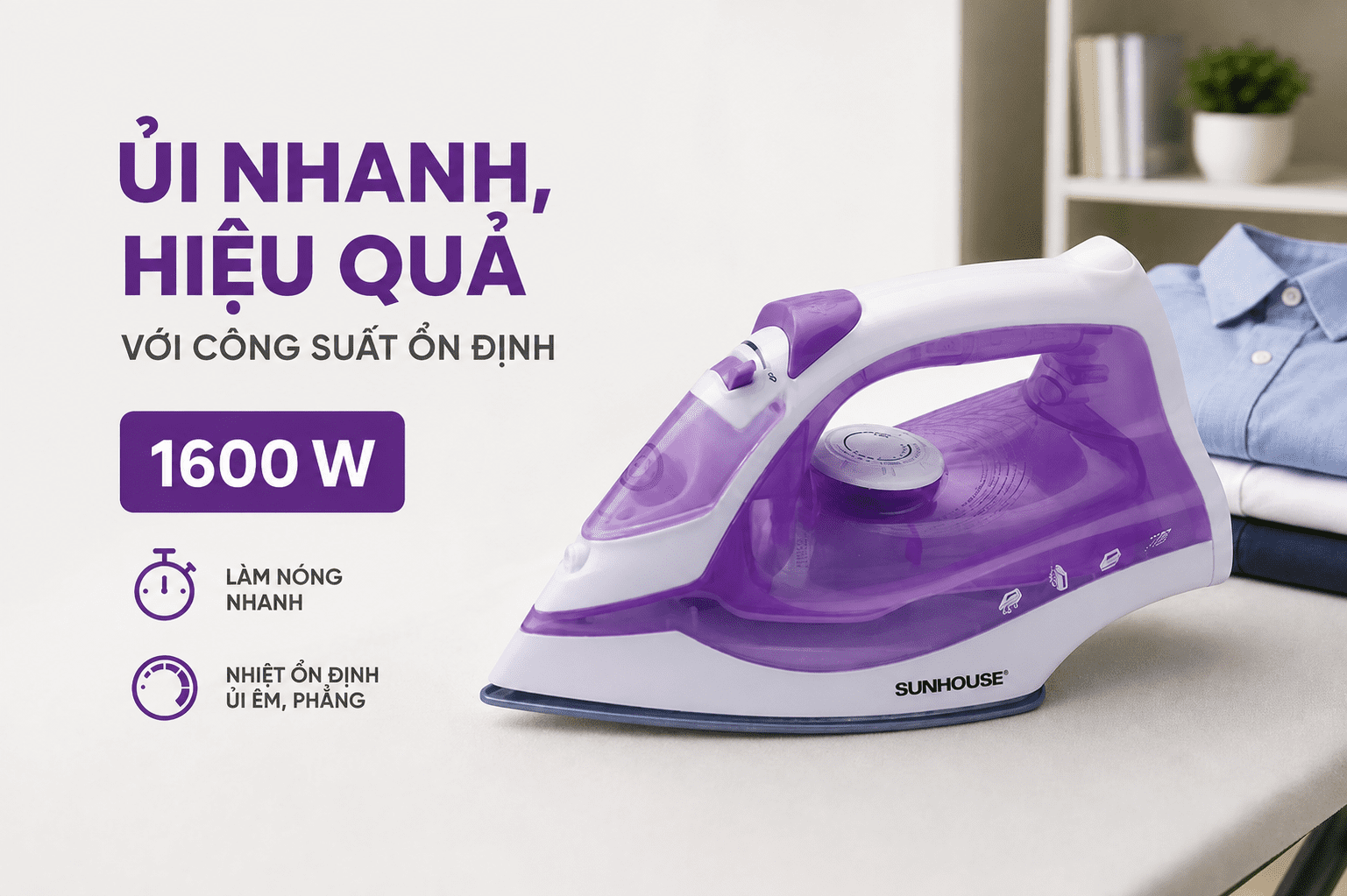 Bàn ủi hơi nước Sunhouse SHD2063P 1600W Màu Tím