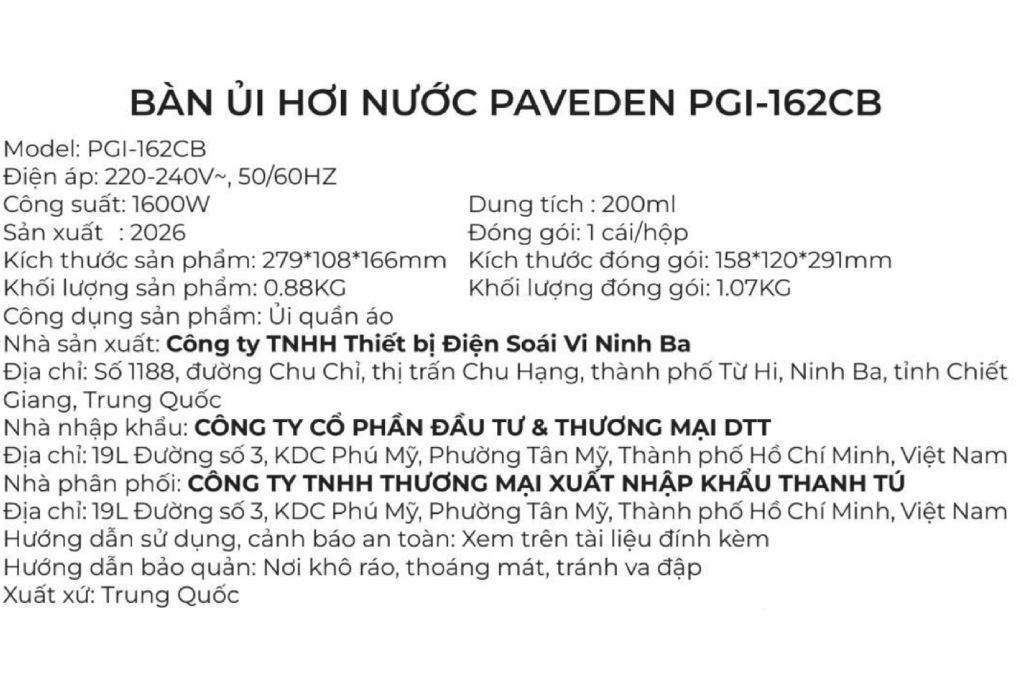 Bàn ủi hơi nước PAVEDEN PGI-162CB 1600W Màu Đen
