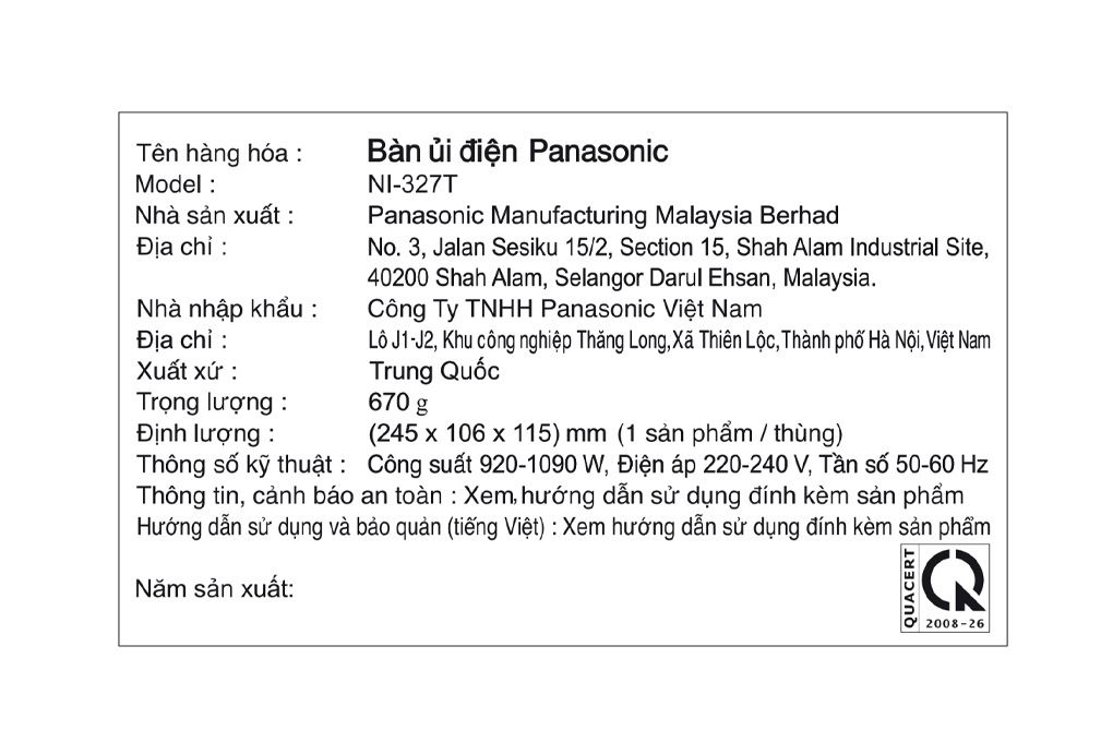 Bàn ủi khô Panasonic NI-327TARA 1000W Màu Xanh Navy