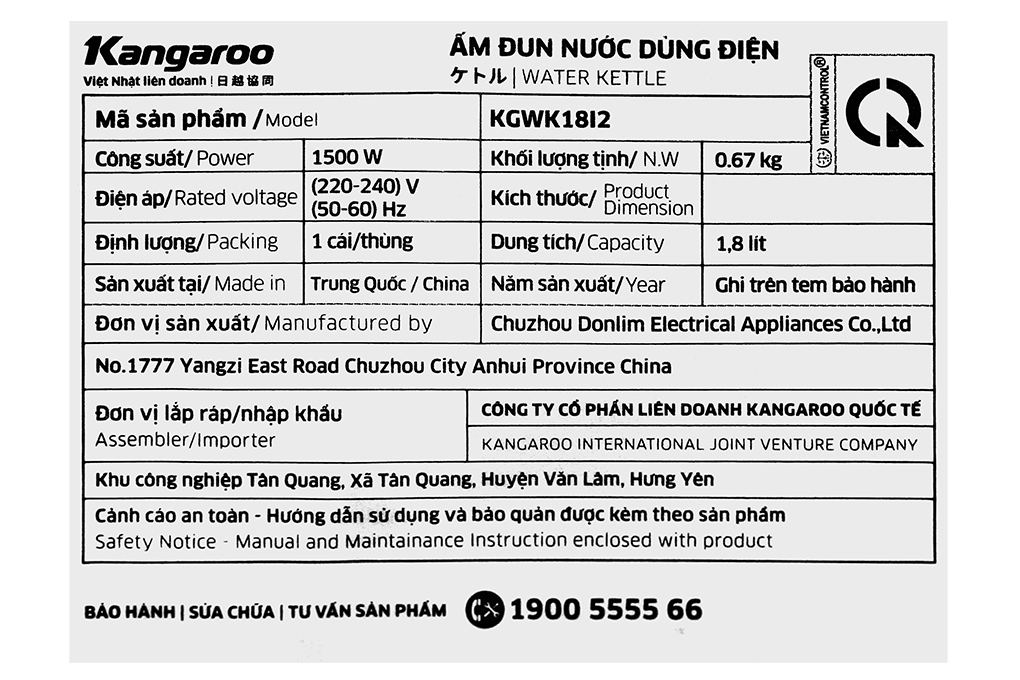Bình đun siêu tốc Kangaroo 1.8 lít KGWK18I2 Màu Bạc Inox