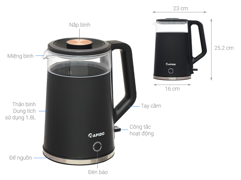 Ấm đun siêu tốc Rapido 1.8 lít RK1816-G