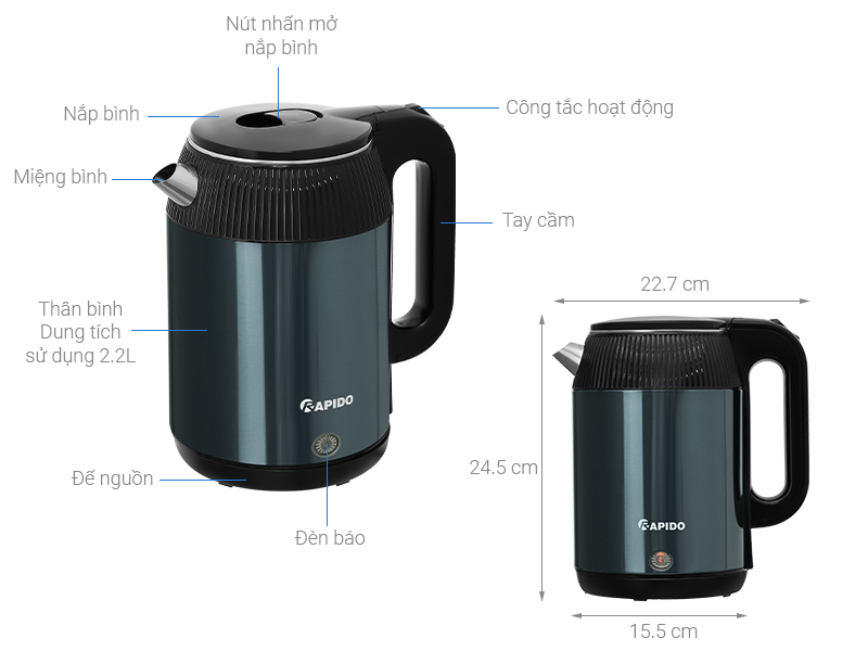 Bình đun siêu tốc Rapido 2.2 lít RK2217-B