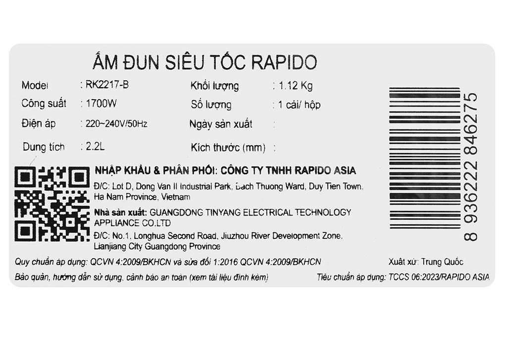 Bình đun siêu tốc Rapido 2.2 lít RK2217-B Màu Xanh dương đậm