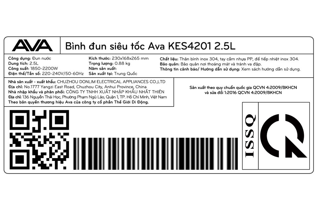 Bình đun siêu tốc AVA 2.5 lít KES4201 Màu Inox