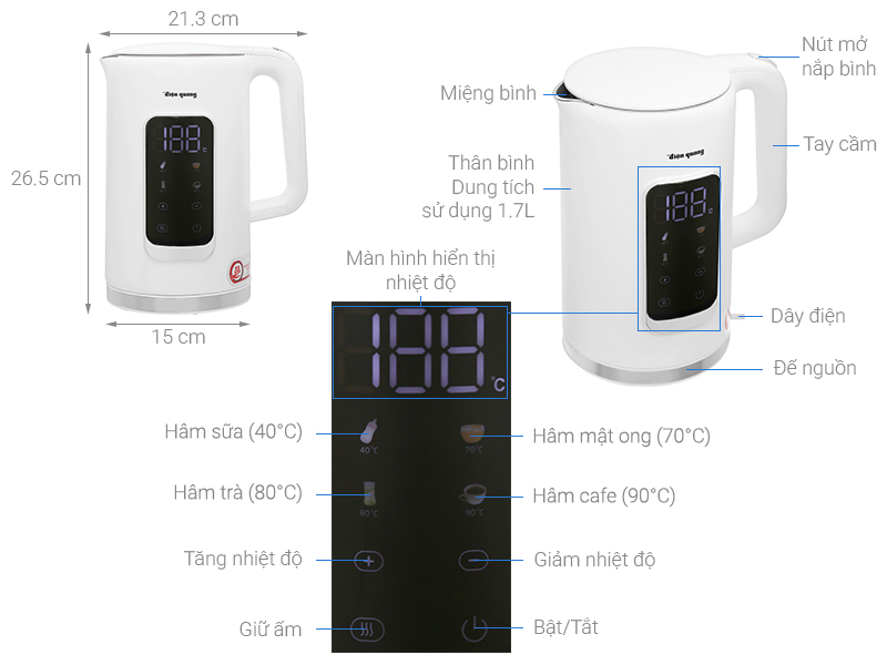 Bình đun siêu tốc Điện Quang 1.7 lít ĐQ EKT17 2017 W