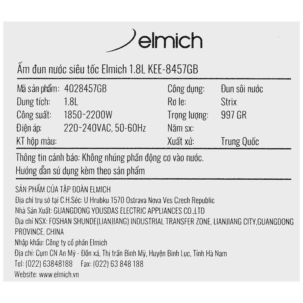 Bình đun siêu tốc Elmich 1.8 lít KEE-8457GB Màu Tím