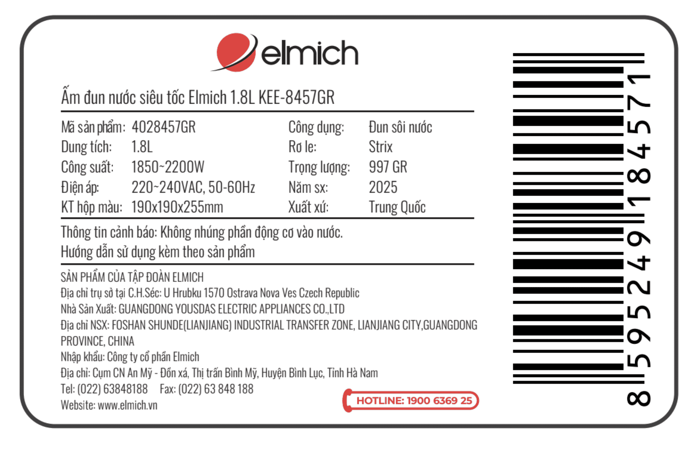 Bình đun siêu tốc Elmich 1.8 lít KEE-8457GR Màu Xám