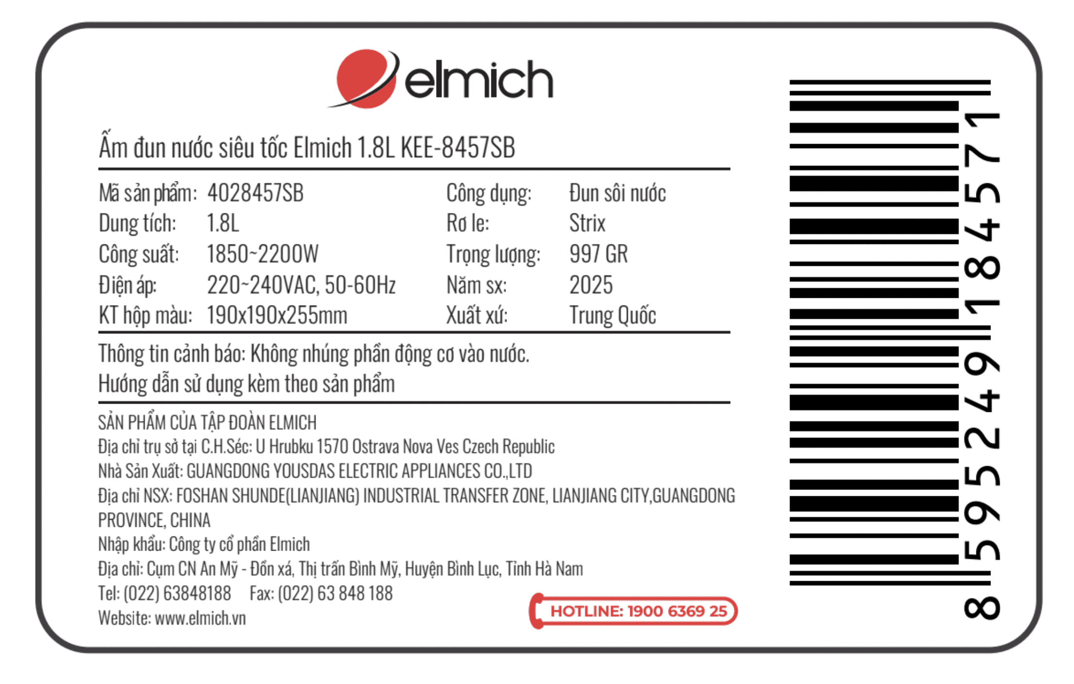 Bình đun siêu tốc Elmich 1.8 lít KEE-8457SB Màu Xanh