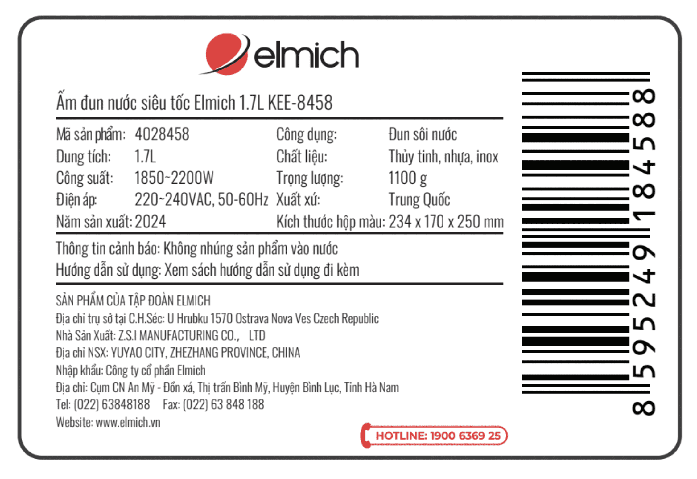 Bình đun siêu tốc Elmich 1.7 lít KEE-8458 Màu Trắng