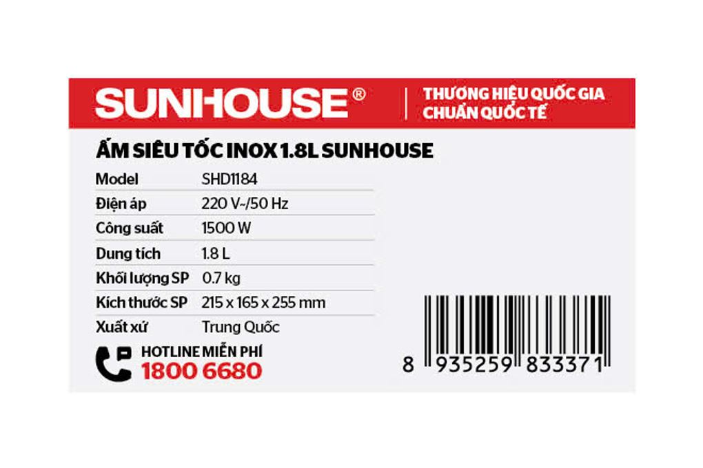Bình đun siêu tốc Sunhouse 1.8 lít SHD1184 Màu Inox